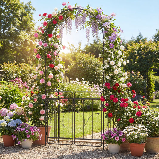 Heavy-duty Metal Garden Arbor with Lockable Gate and Base Plates