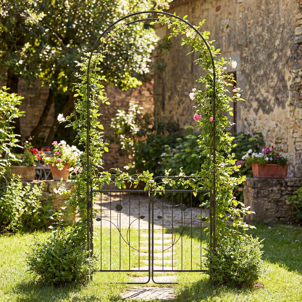 Heavy-duty Metal Garden Arbor with Lockable Gate and Base Plates