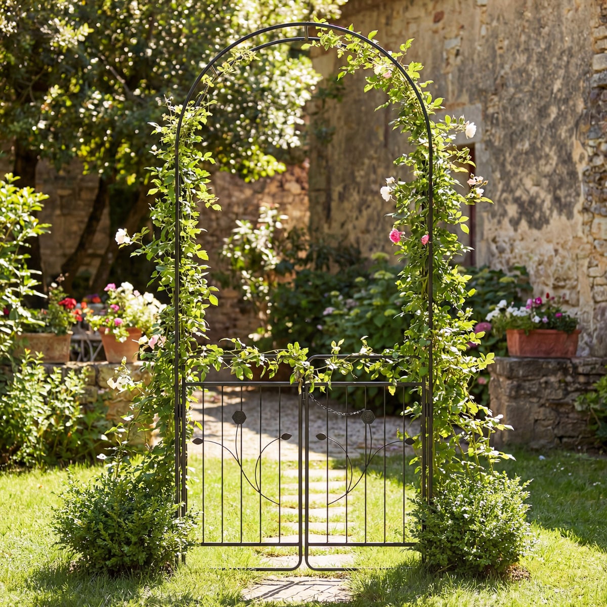 Heavy-duty Metal Garden Arbor with Lockable Gate and Base Plates