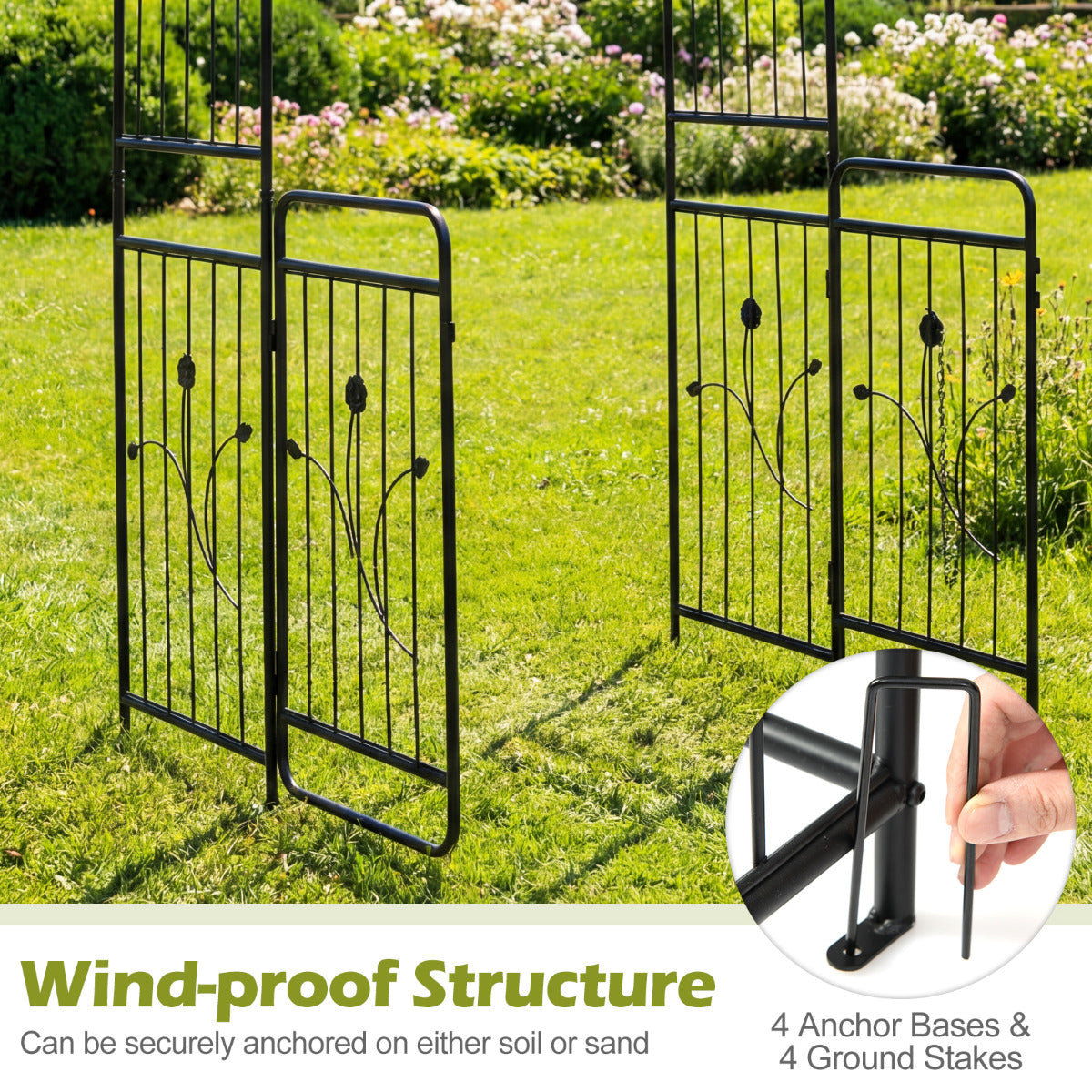 Heavy-duty Metal Garden Arbor with Lockable Gate and Base Plates