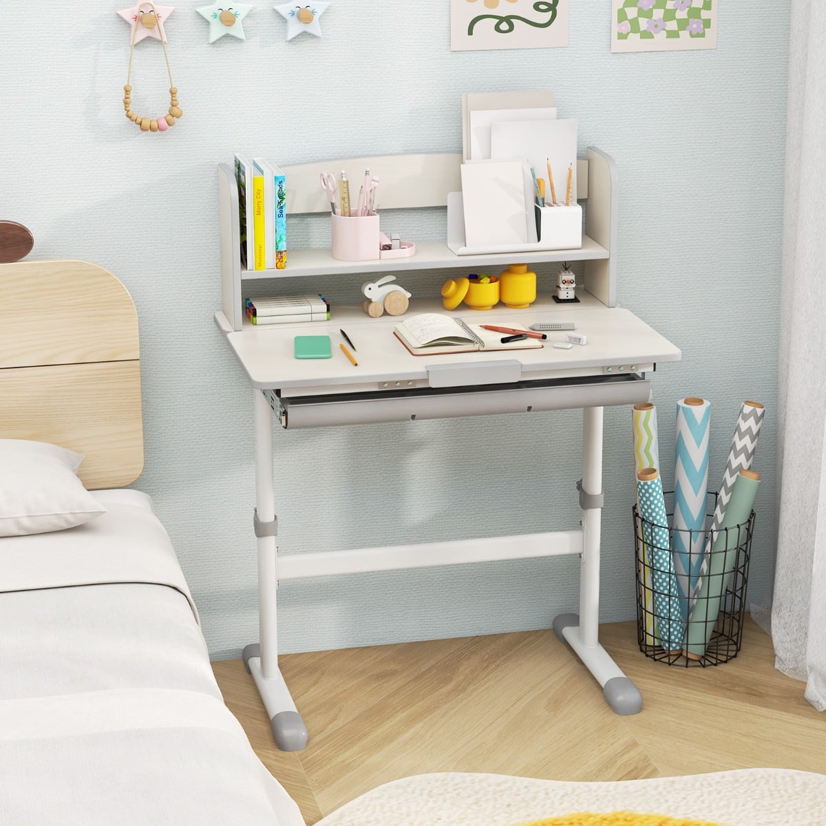Height Adjustable Children Writing Table with Tilt Desktop and Hutch-Grey
