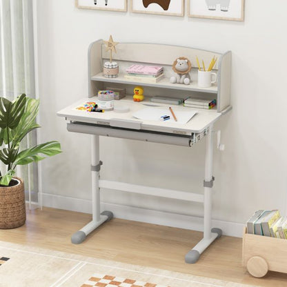 Height Adjustable Children Writing Table with Tilt Desktop and Hutch-Grey
