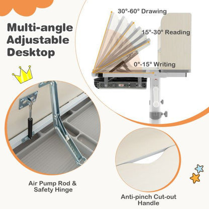 Height Adjustable Children Writing Table with Tilt Desktop and Hutch-Grey
