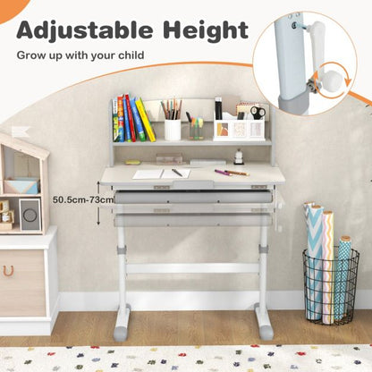 Height Adjustable Children Writing Table with Tilt Desktop and Hutch-Grey