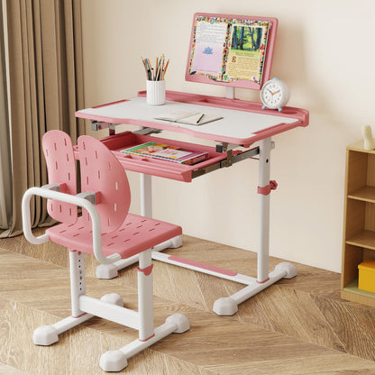 Height-Adjustable Kid's Study Desk and Chair Set with Tilt Desktop and Footrest Bar-Pink