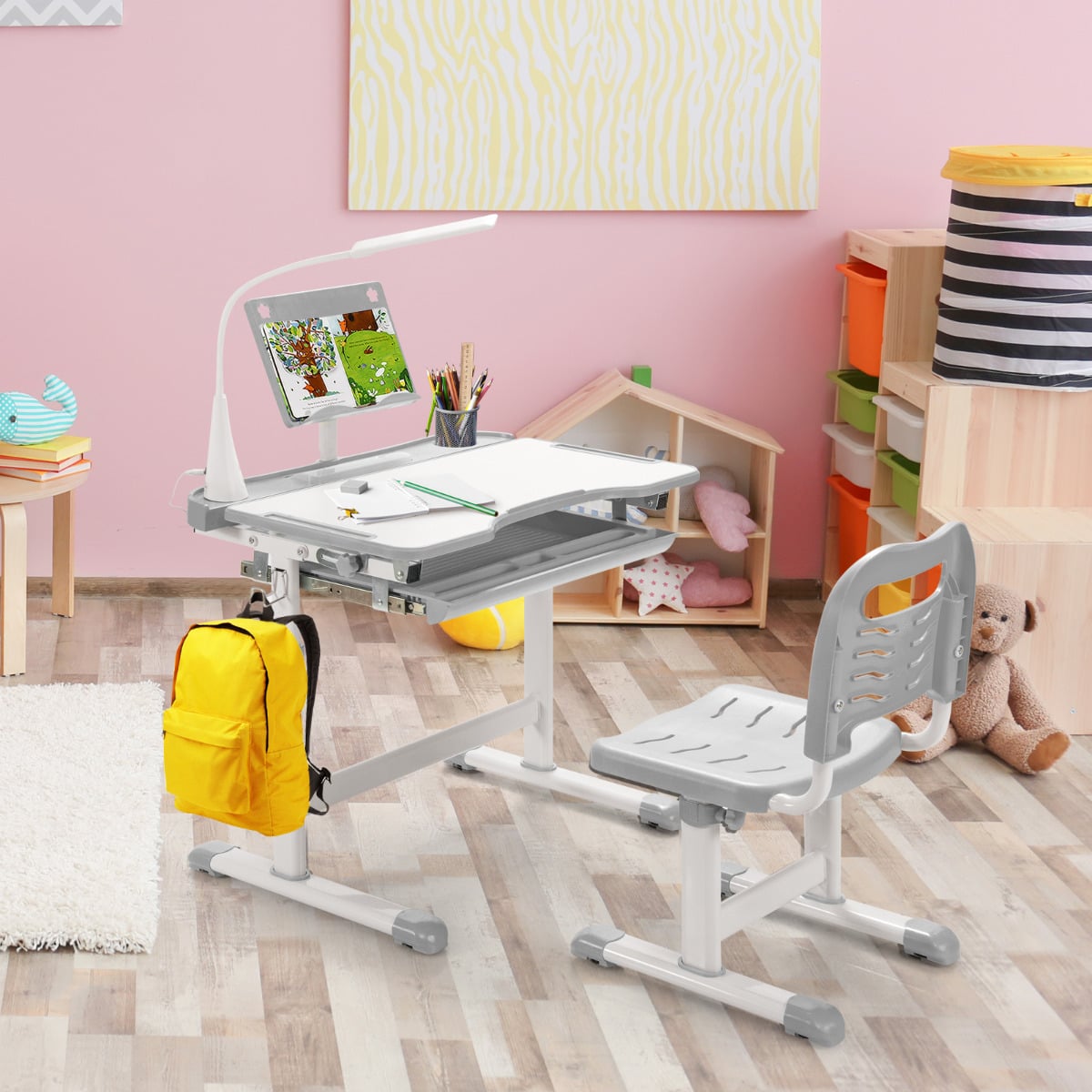 Height Adjustable Kid's Tilted Desk Set with Lamp & Drawer-Grey