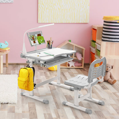 Height Adjustable Kid's Tilted Desk Set with Lamp & Drawer-Grey