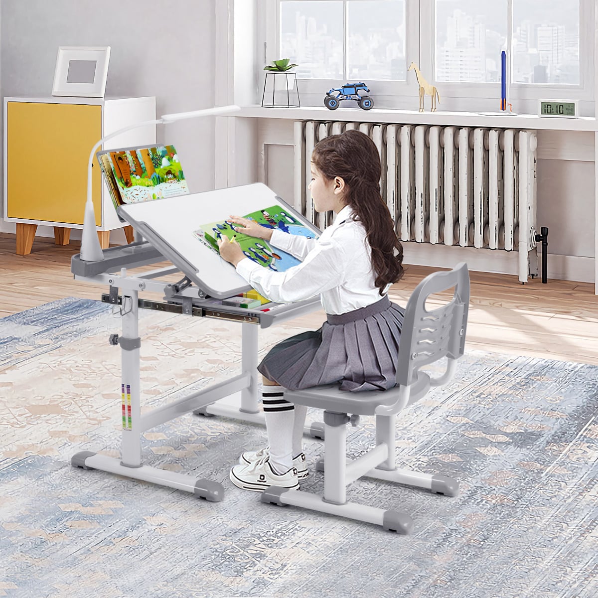 Height Adjustable Kid's Tilted Desk Set with Lamp & Drawer-Grey