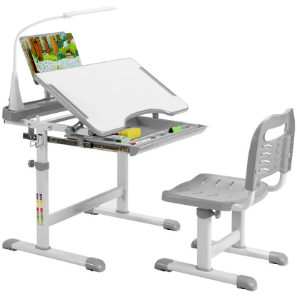 Height Adjustable Kid's Tilted Desk Set with Lamp & Drawer-Grey