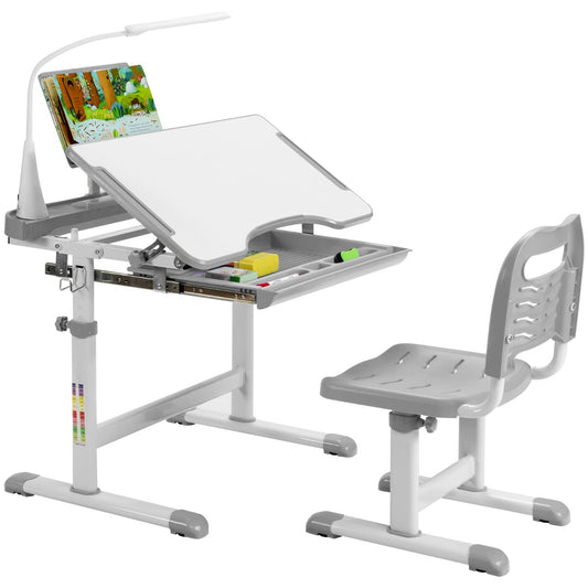 Height Adjustable Kid's Tilted Desk Set with Lamp & Drawer-Grey
