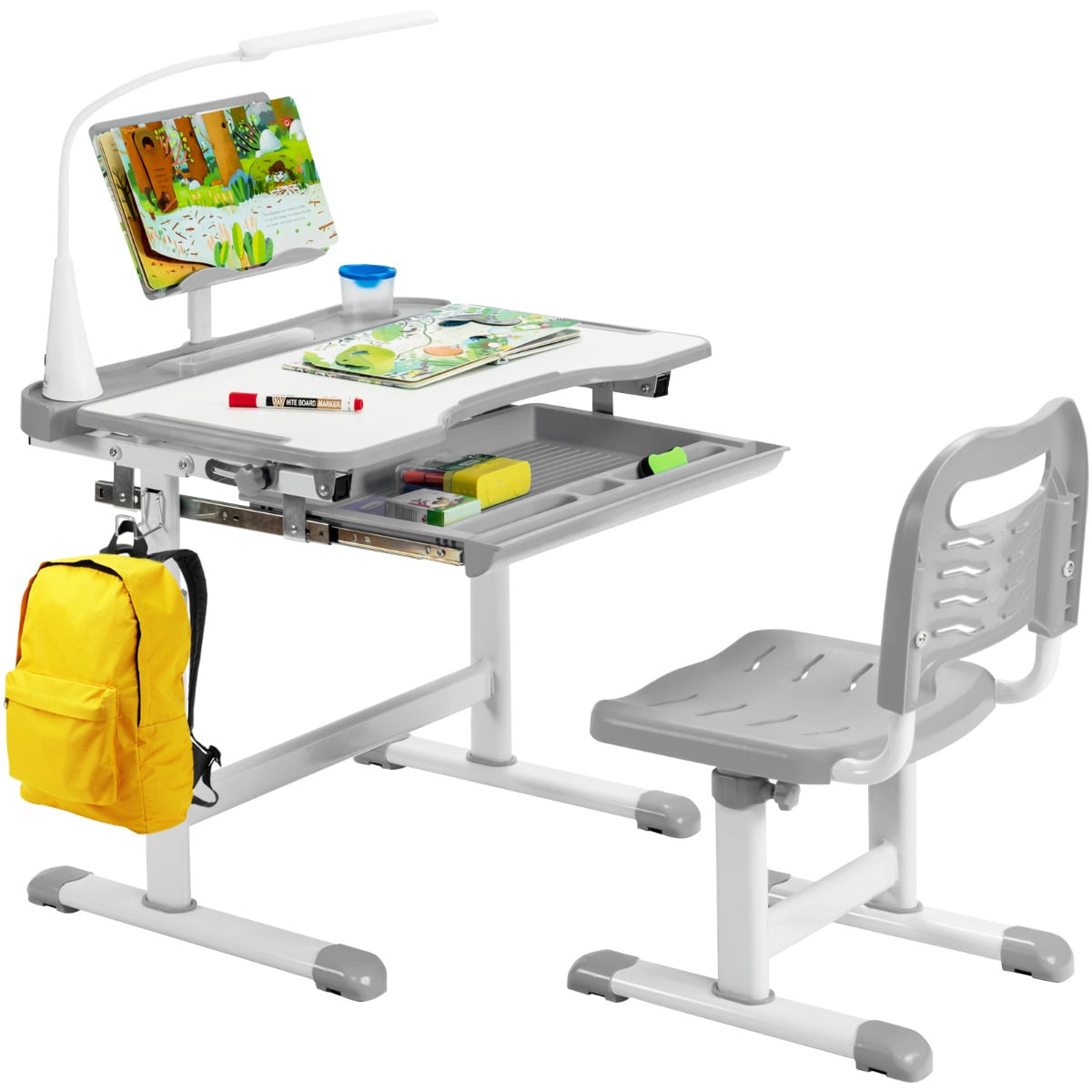 Height Adjustable Kid's Tilted Desk Set with Lamp & Drawer-Grey