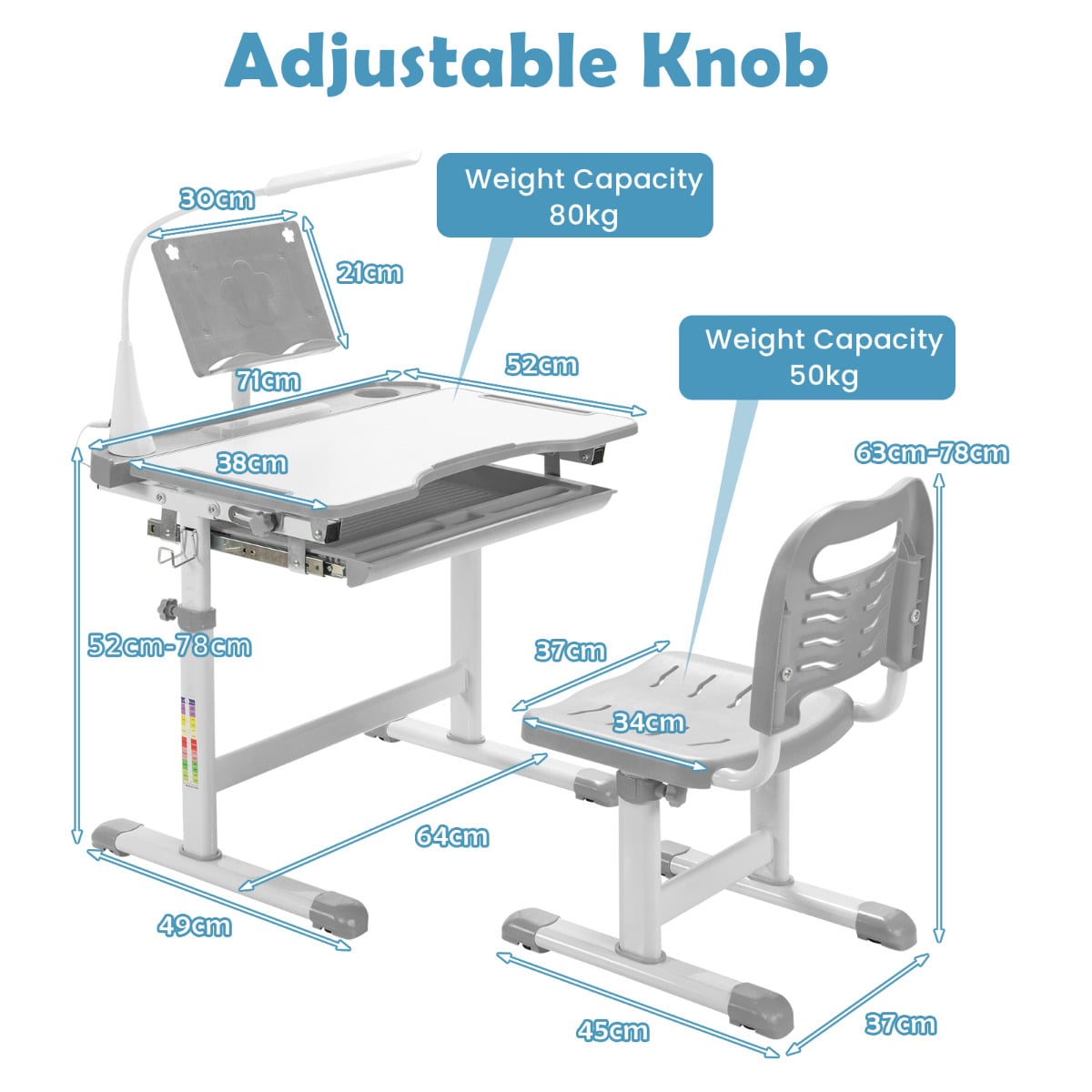 Height Adjustable Kid's Tilted Desk Set with Lamp & Drawer-Grey