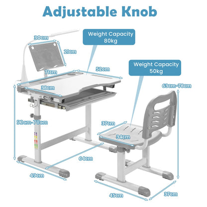 Height Adjustable Kid's Tilted Desk Set with Lamp & Drawer-Grey