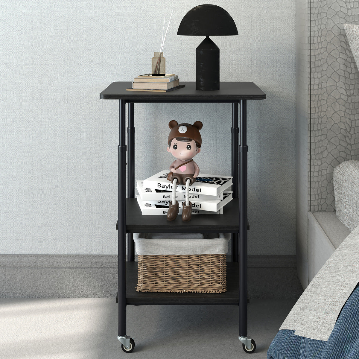 Height Adjustable Printer Stand with Storage Shelves and Locking Wheels-Black
