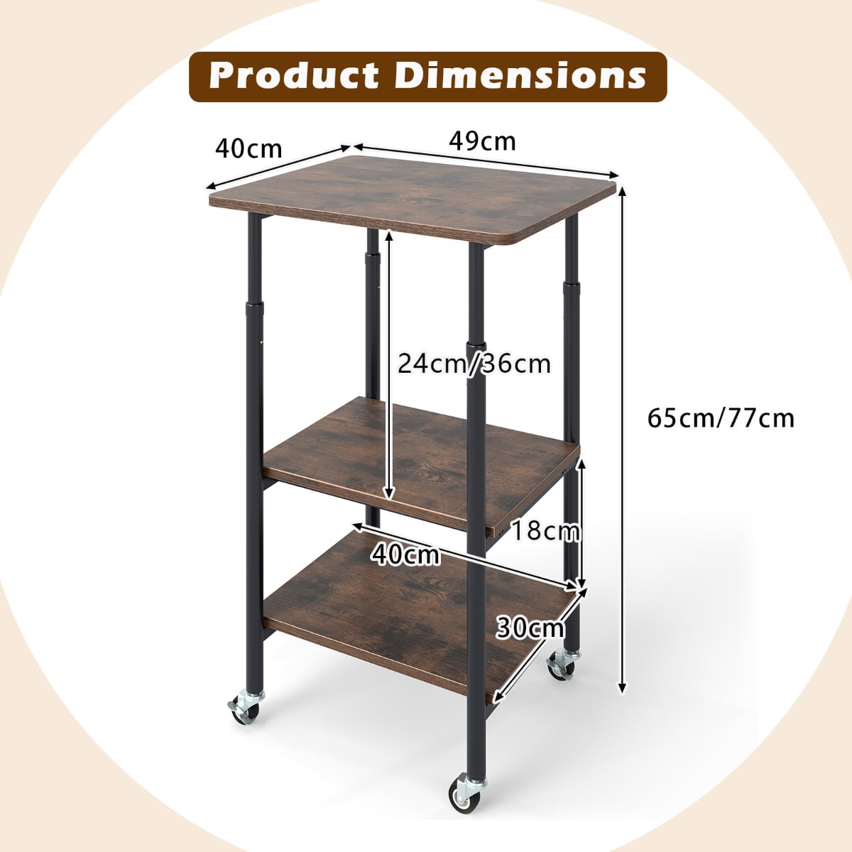 Height Adjustable Printer Stand with Storage Shelves and Locking Wheels-Rustic Brown