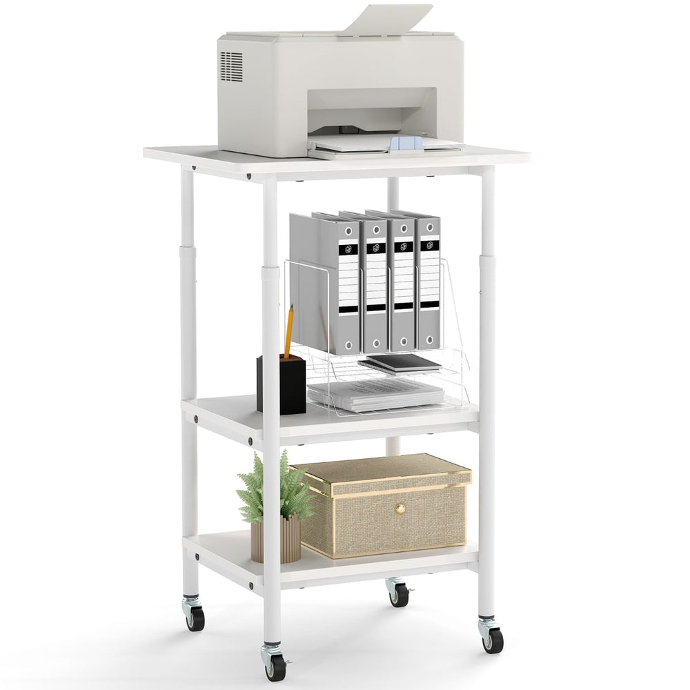 Height Adjustable Printer Stand with Storage Shelves and Locking Wheels-White
