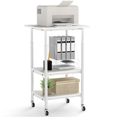 Height Adjustable Printer Stand with Storage Shelves and Locking Wheels-White