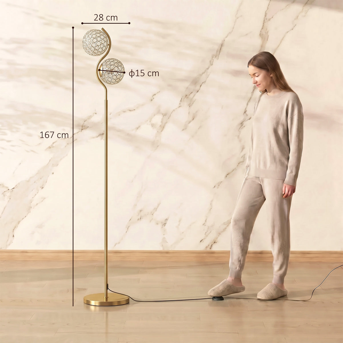 HOMCOM Floor Lamp with Crystal Globe Shades, Modern Dual Head Standing Lamp with Foot Switch and Weighted Base, Copper