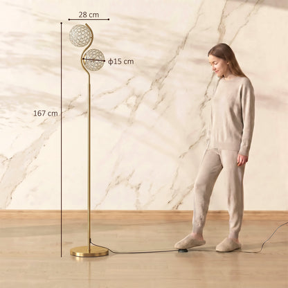 HOMCOM Floor Lamp with Crystal Globe Shades, Modern Dual Head Standing Lamp with Foot Switch and Weighted Base, Copper