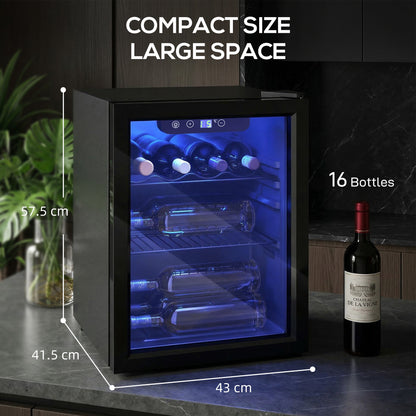 HOMCOM 16 Bottle Wine Cooler, 48 Litre Capacity, 4-16°C Tabletop Counter Drinks Wine Fridge with Glass Door, LED Light, Black