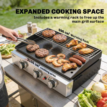 Outsunny 3 Burner Grill Griddle, Portable Gas Plancha with Warming Rack, 7.5 kW, Tabletop Gas BBQ with Grease Cup, Black