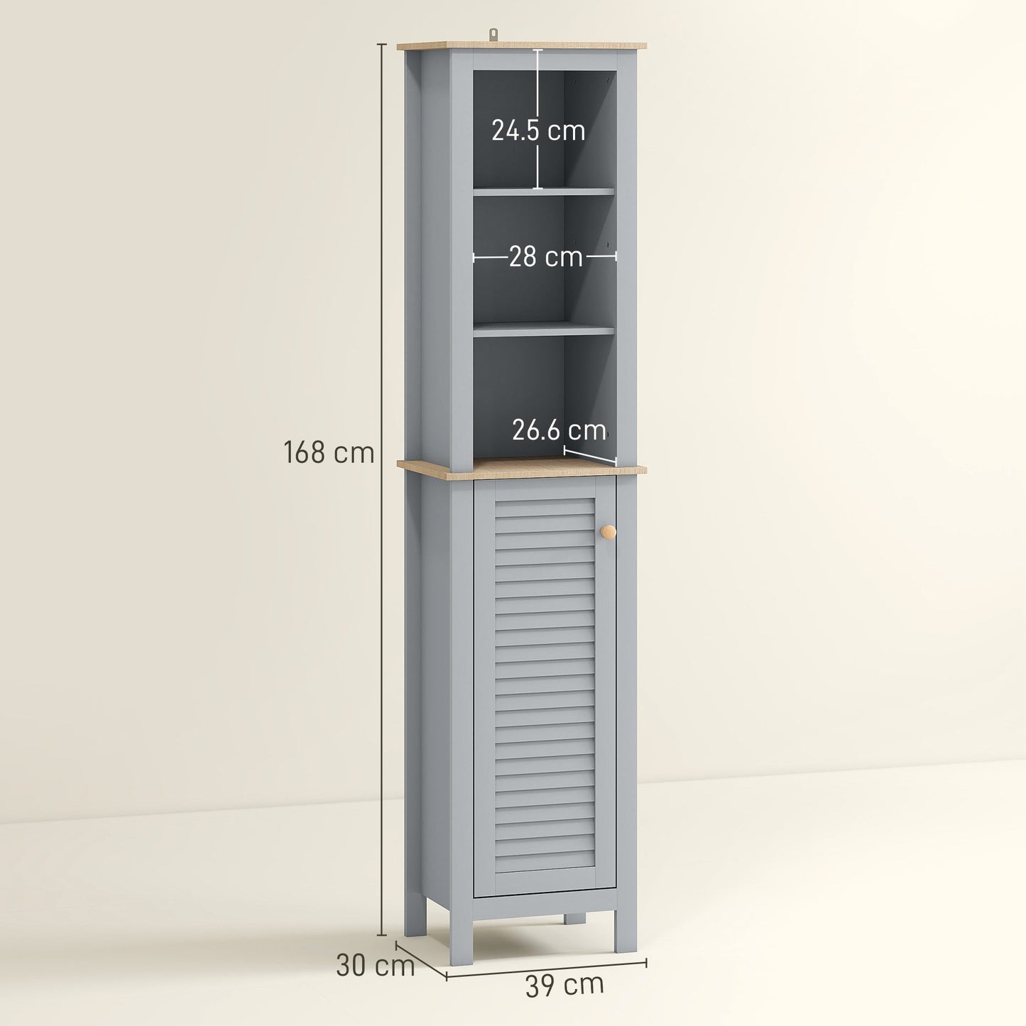 kleankin Bathroom Floor Storage Cabinet with 3 Tier Shelf and Cupboard with Door, Free Standing Linen Tower, Tall Slim Side Organizer Shelves, Grey