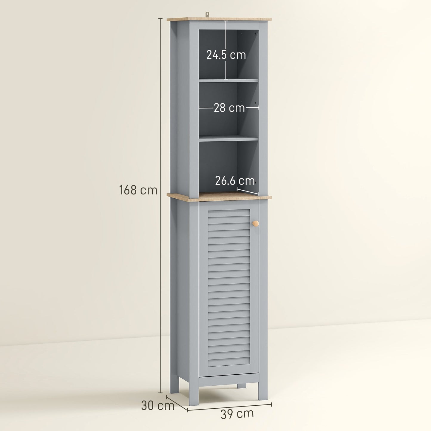 kleankin Bathroom Floor Storage Cabinet with 3 Tier Shelf and Cupboard with Door, Free Standing Linen Tower, Tall Slim Side Organizer Shelves, Grey