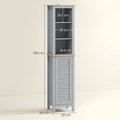 kleankin Bathroom Floor Storage Cabinet with 3 Tier Shelf and Cupboard with Door, Free Standing Linen Tower, Tall Slim Side Organizer Shelves, Grey