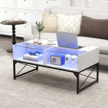 High-gloss LED Coffee Table with Faux Marble and Tempered Glass Top-White