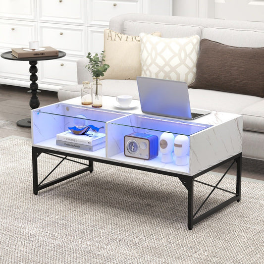 High-gloss LED Coffee Table with Faux Marble and Tempered Glass Top-White