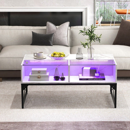 High-gloss LED Coffee Table with Faux Marble and Tempered Glass Top-White
