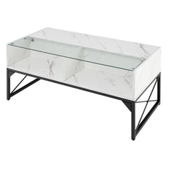 High-gloss LED Coffee Table with Faux Marble and Tempered Glass Top-White