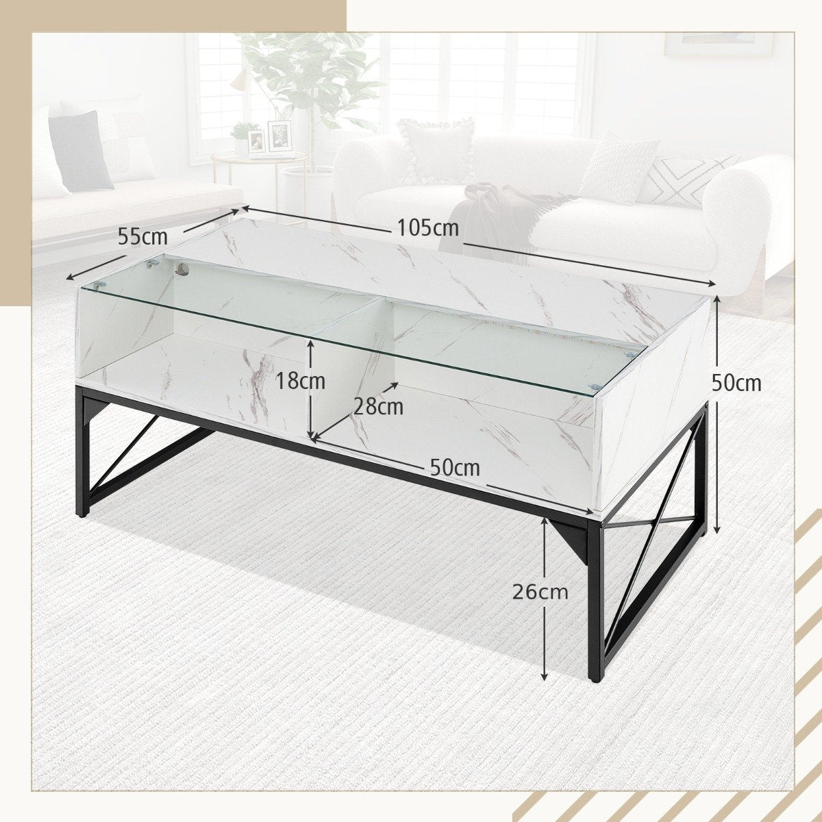 High-gloss LED Coffee Table with Faux Marble and Tempered Glass Top-White