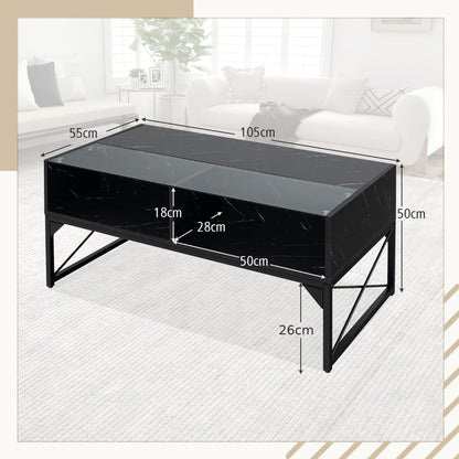 High-gloss LED Coffee Table with Faux Marble and Tempered Glass Top-Black