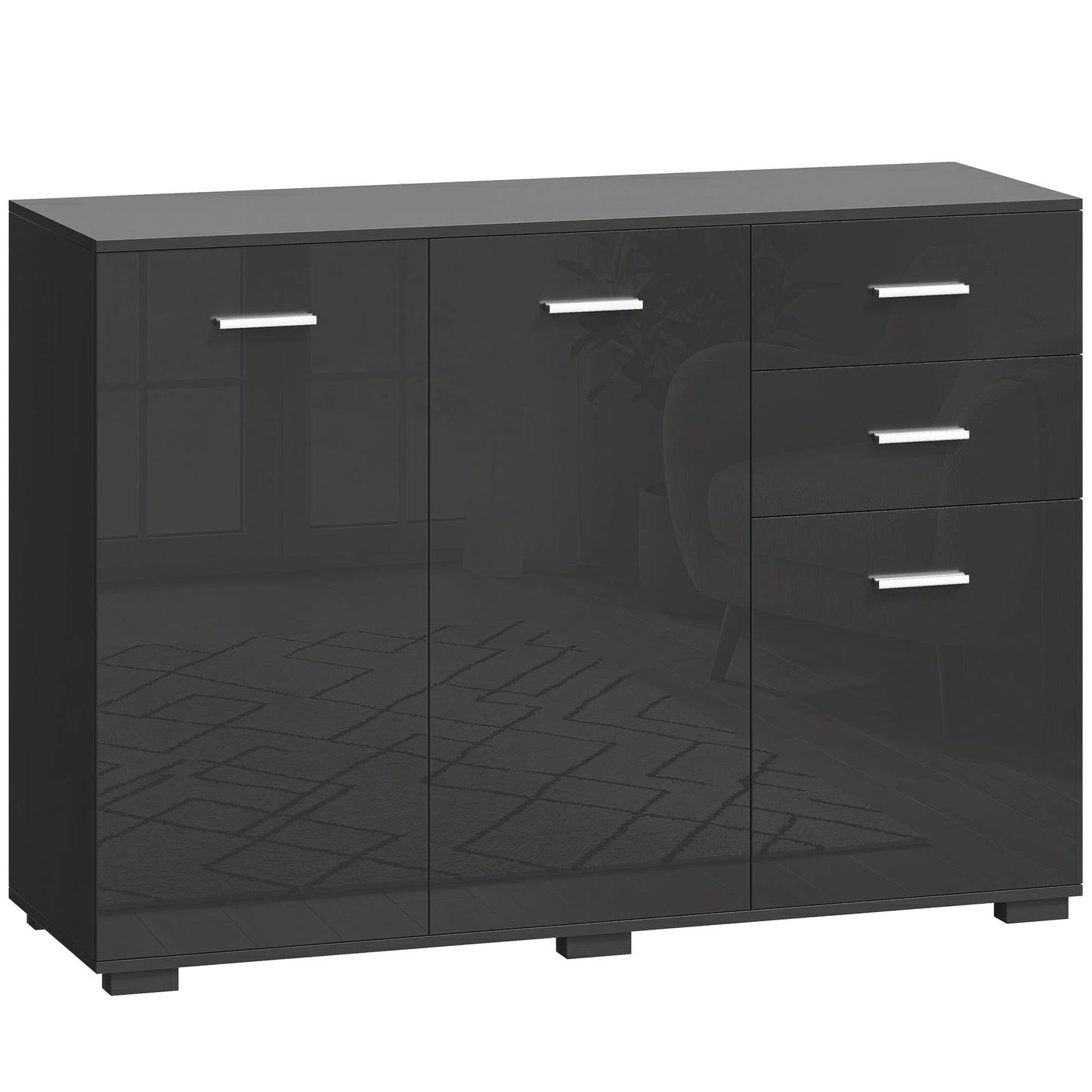 HOMCOM Sideboard, Modern Storage Cabinet with 2 Drawers, 3 Doors and Adjustable Shelves, High Gloss Black
