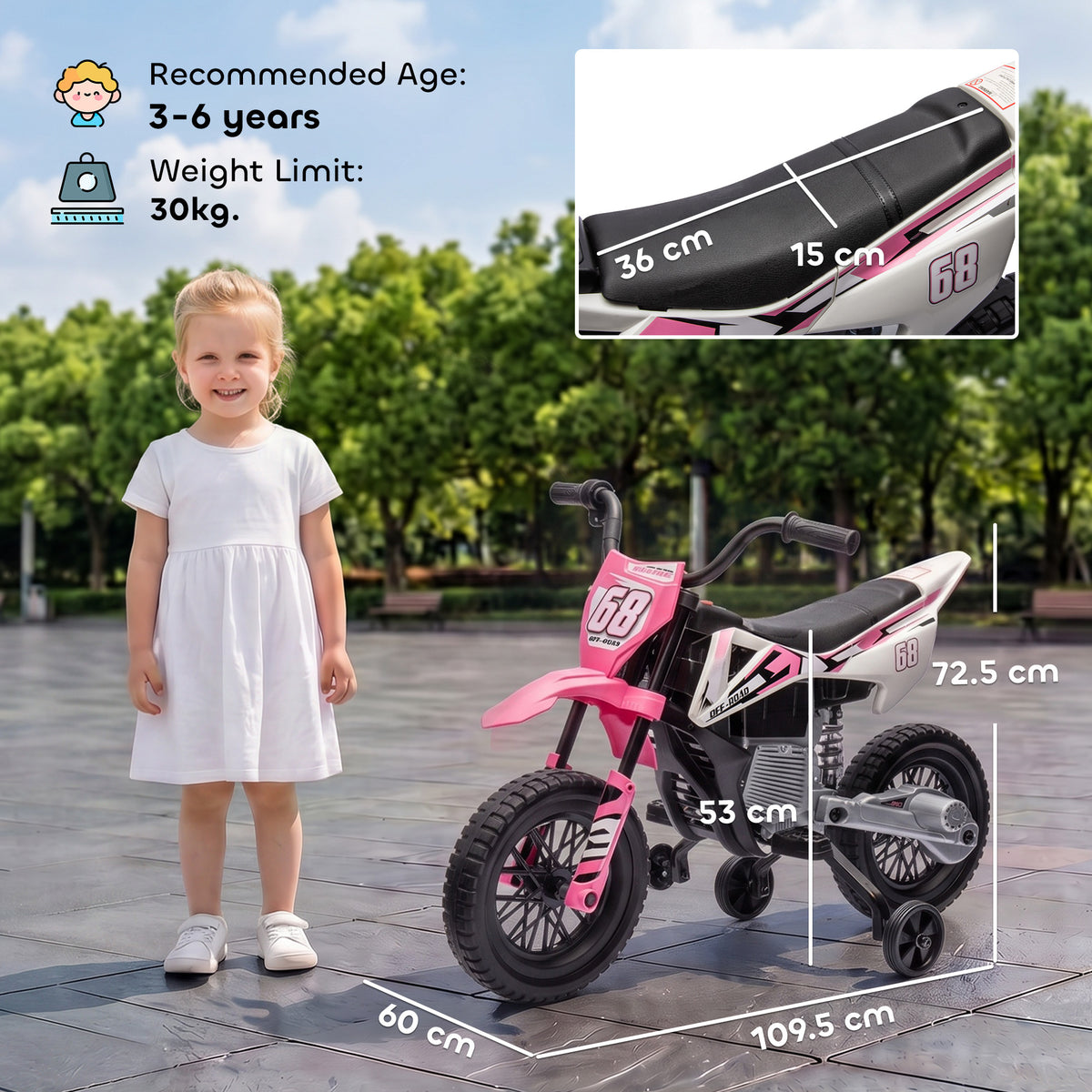 AIYAPLAY Kids Electric Motorcycle, 12V Ride On Motorbike with Training Wheels, Soft Start, Suspension, Music for 3-6 Years, Pink