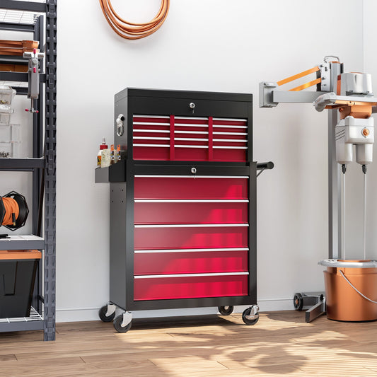 HOMCOM 14 Drawer, Two-Part Tool Storage Chest on Wheels - Red