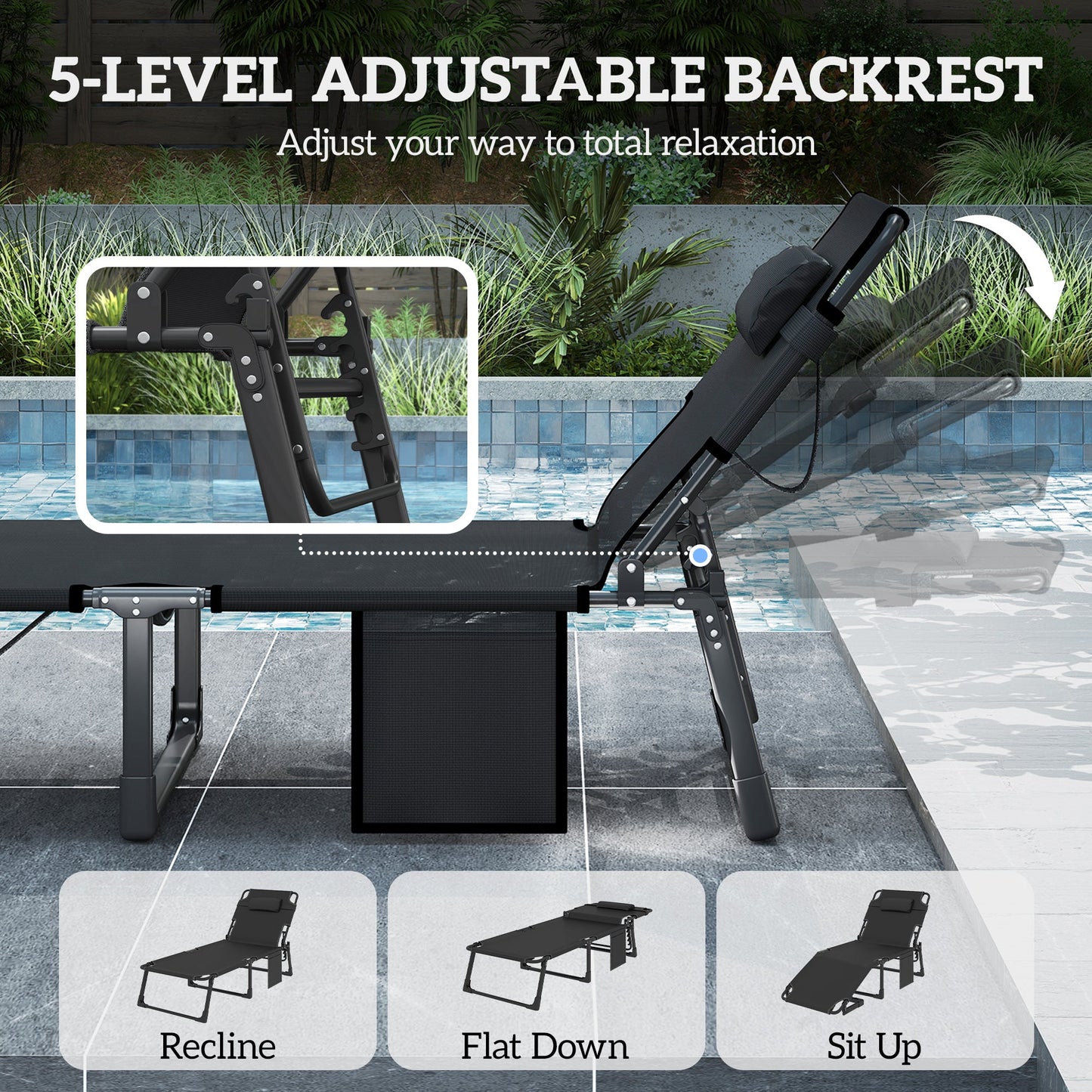 Outsunny Folding Sun Lounger for Garden, 5-Position Oversized Camping Bed Recliner with Cushions, Dark Grey
