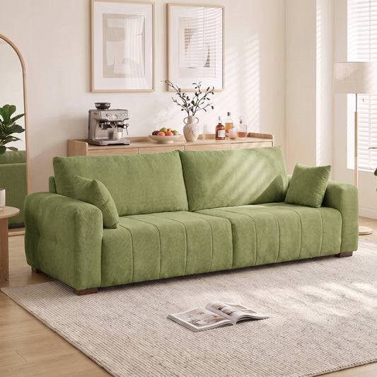 HOMCOM 3 Seater Sofa, Upholstered Velvet Couch for Bedroom with Pillows, Padded Cushion and Wood Legs, Green