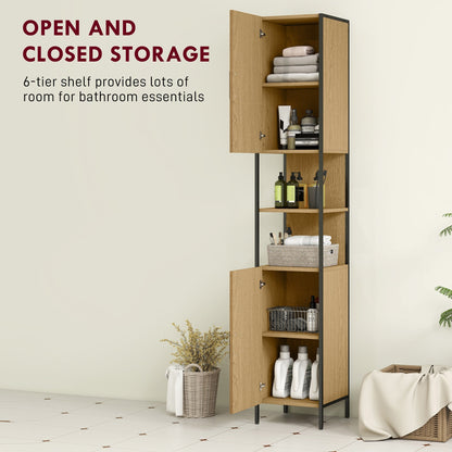 HOMCOM Tall Bathroom Cabinet with 2 Doors, Open Compartments and Adjustable Shelves - Natural Wood Finish
