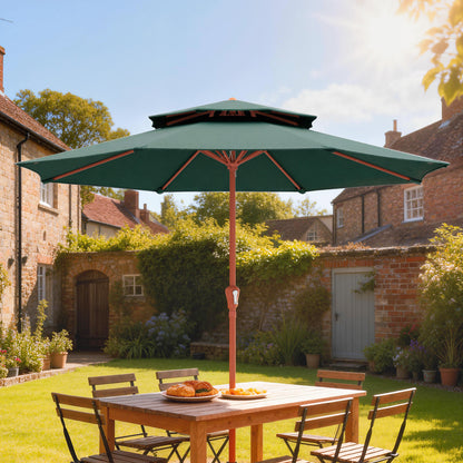 Outsunny 2.7 m Garden Parasol with Double Top Outdoor Market Table Umbrella with Crank System, Green