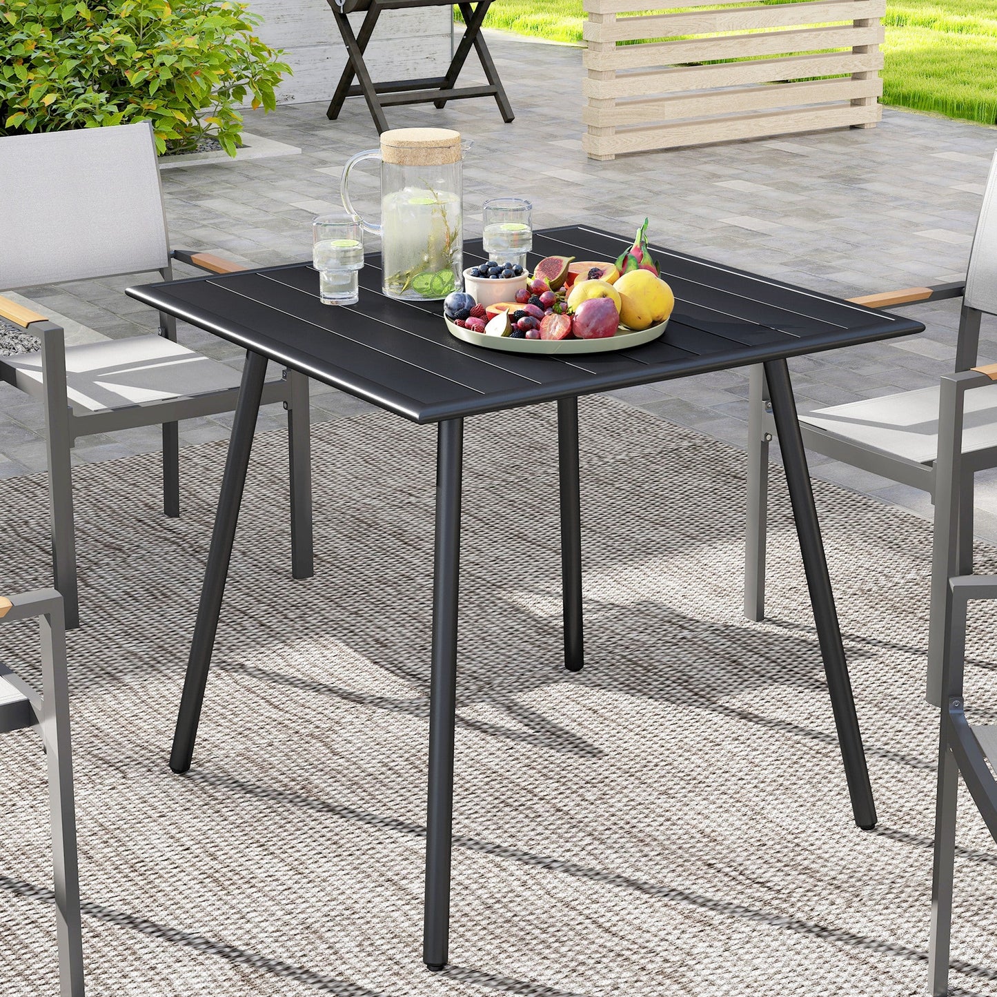 Outsunny Square Garden Table with Slat Top, Steel Frame, Outdoor Table for 4 Person, 80 x 80 x 74 cm, Black