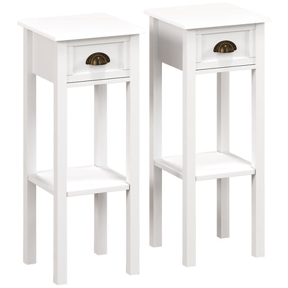HOMCOM 2-Tier Side Tables Set of 2 with Drawer and Shelf, 2 Pieces Bedside Tables for Living Room and Hallway, White