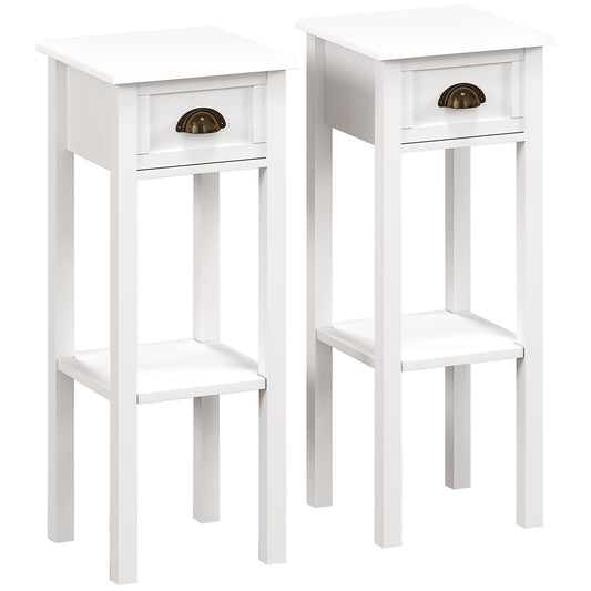 HOMCOM 2-Tier Side Tables Set of 2 with Drawer and Shelf, 2 Pieces Bedside Tables for Living Room and Hallway, White