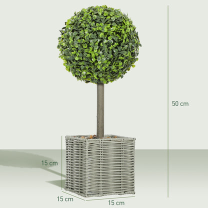 HOMCOM Set of 2 Decorative Artificial Plants, 50cm Faux Boxwood Topiary Balls with Woven Plastic Pot and Pebbles, Fake Plants for Home or Office Decor, Green
