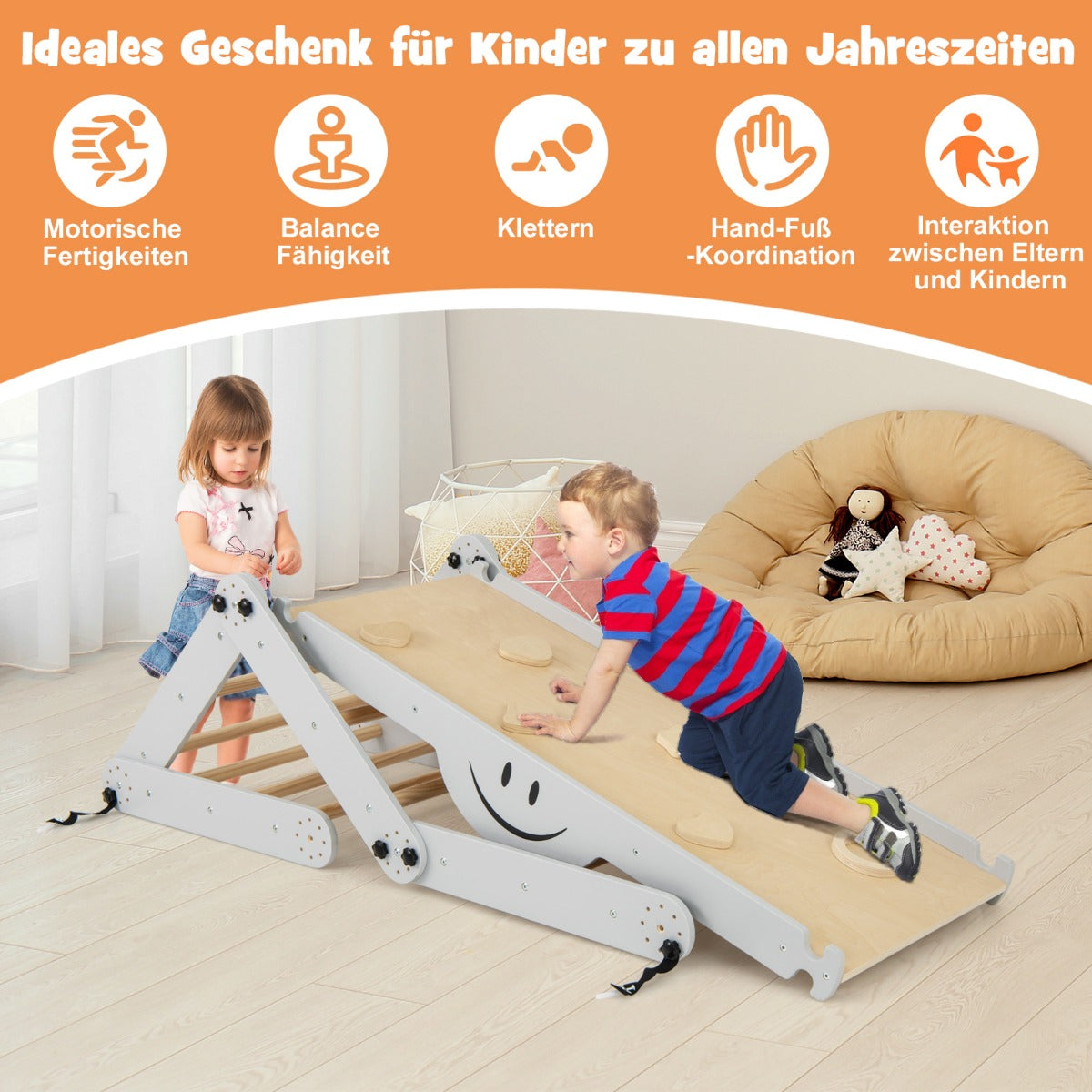 Montessori Toddler Climbing Set Foldable Wooden Climbing Toys Adjustable Reversible Seesaw Ramp Rocks Grey