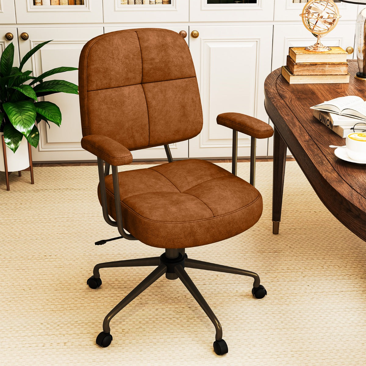 Leathaire Upholstered Task Chair with Cushioned Back and Padded Armrests-Brown