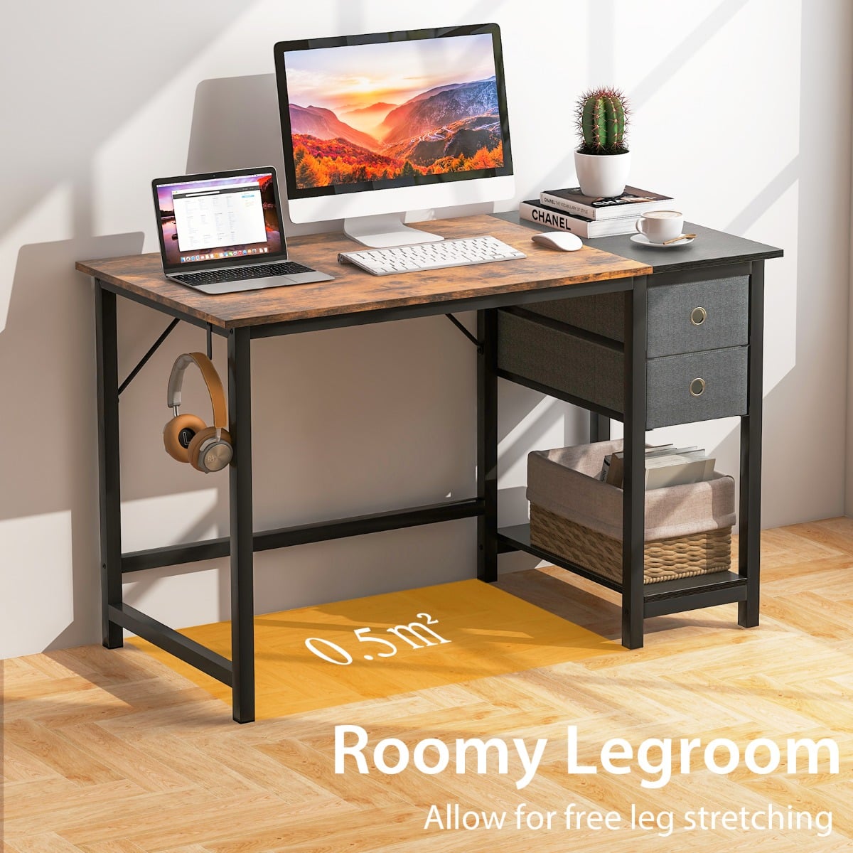120 cm/140 cm Home Office Desk with 2 Drawers Hanging Hook-S