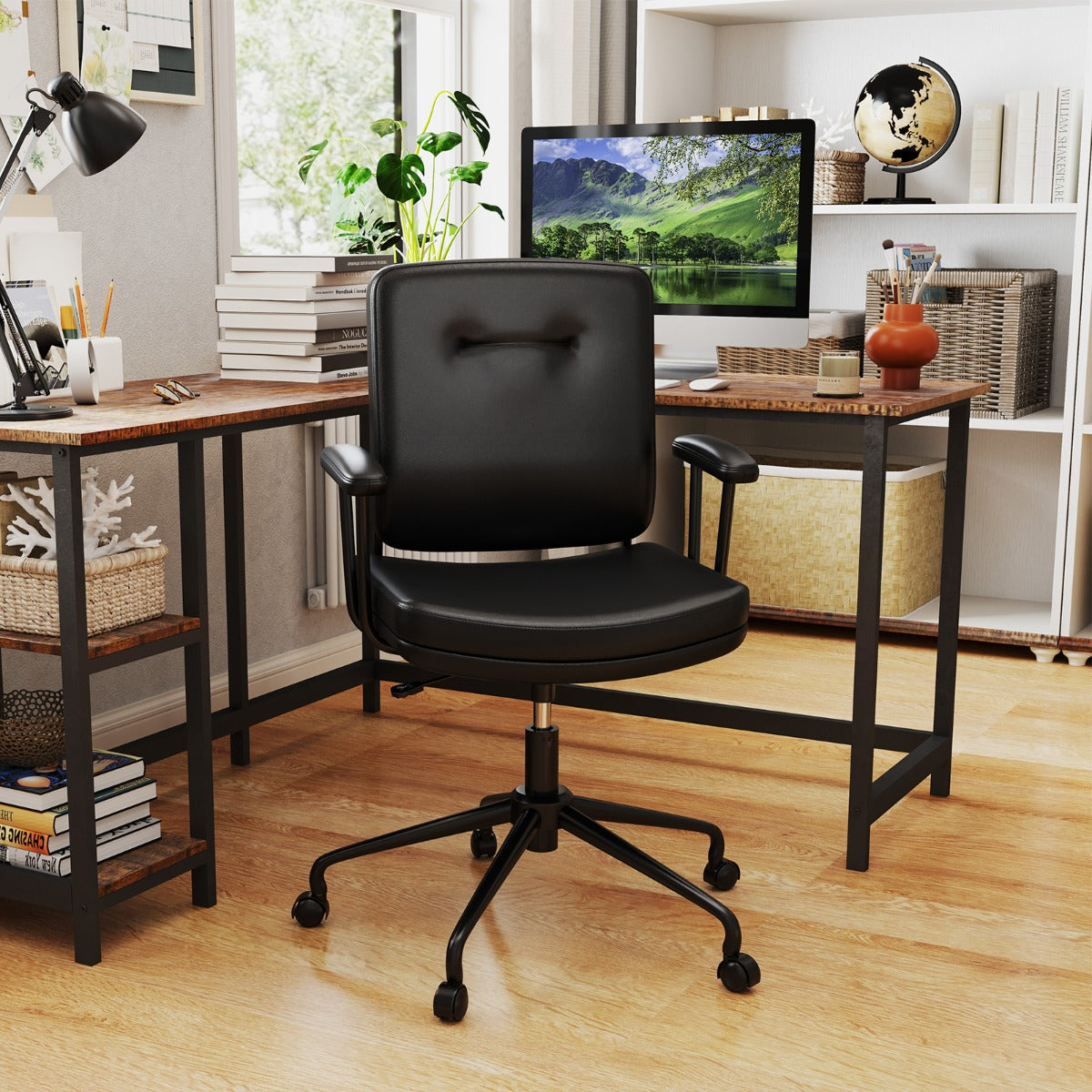 Home Office Small Desk Chair with Adjustable Height Wheels-Black