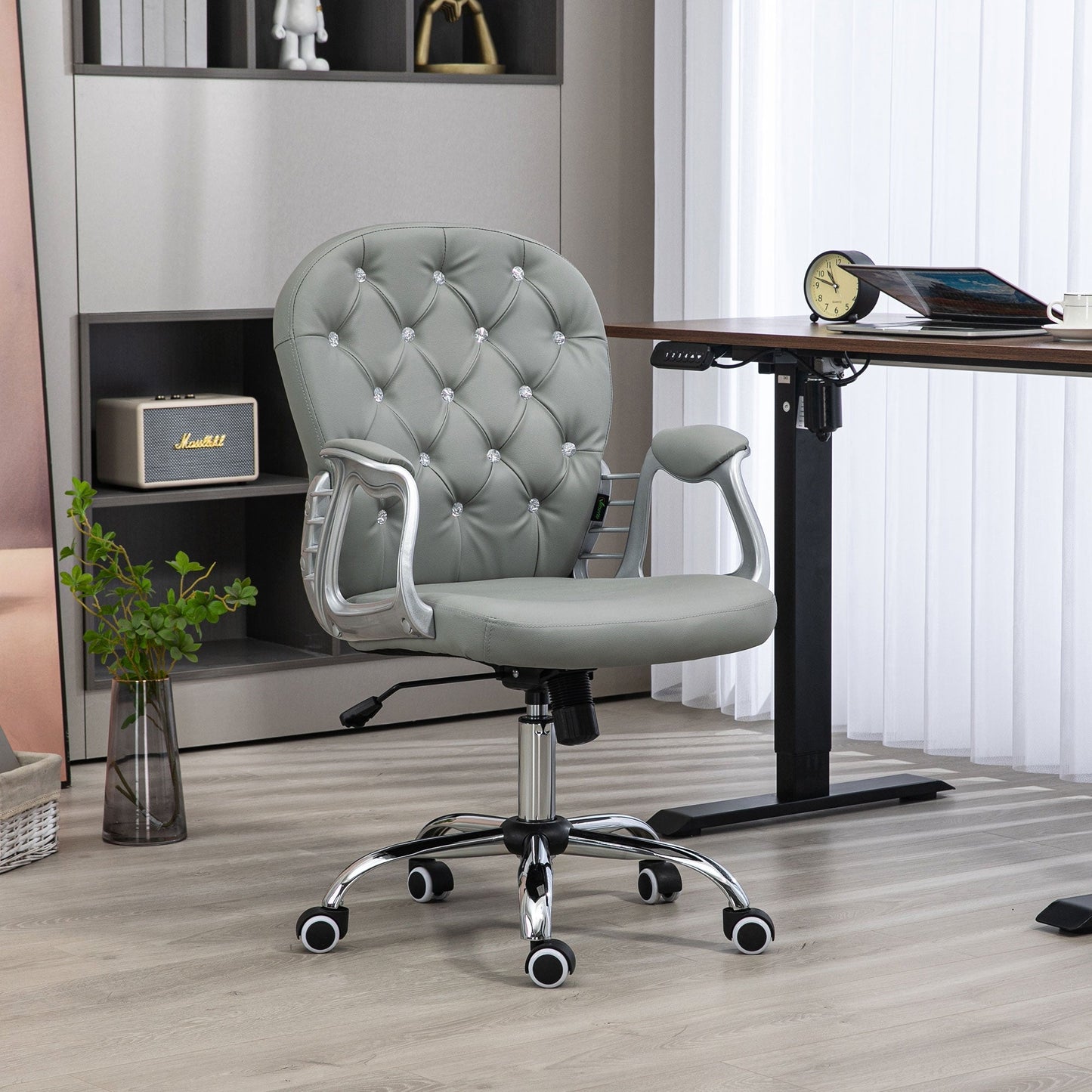 Vinsetto Office Chair Ergonomic 360  Swivel PU Diamante Padded Base 5 Castor Wheels for Home Work Grey